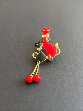 Gold Cat Duo Brooch Pin with Red and Black Enamel